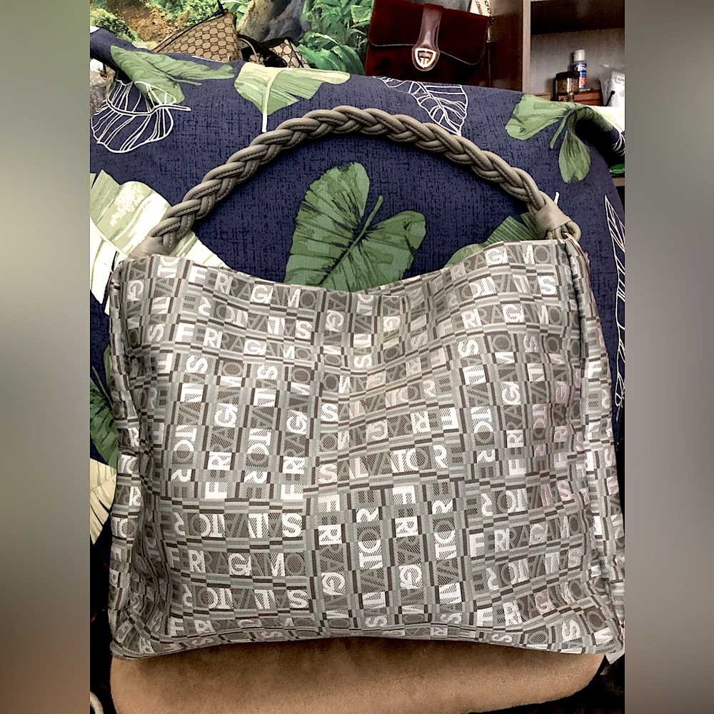 Ferragamo Hobo Bag Braided Strap Silver Monogram Nylon